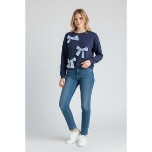 Halogen Sweatshirt  Blue Stripe Bows Medium‎ Coquette Chic Cozy NWOT